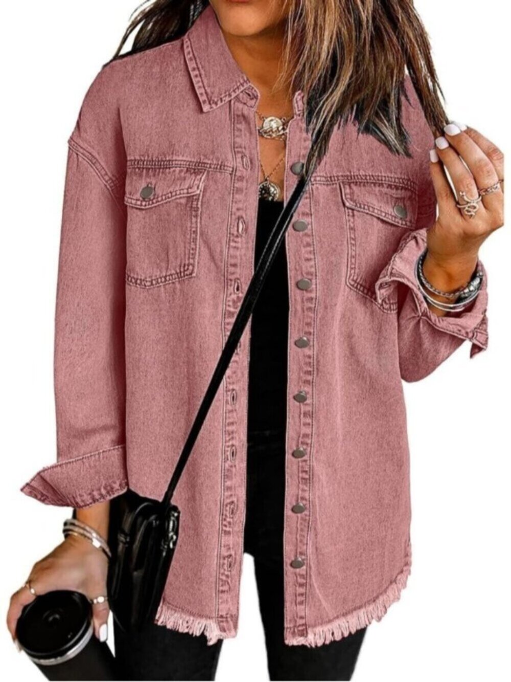 Women's Faded Rose Oversized Drop Shoulder Button Up Frayed Denim Jean Jacket